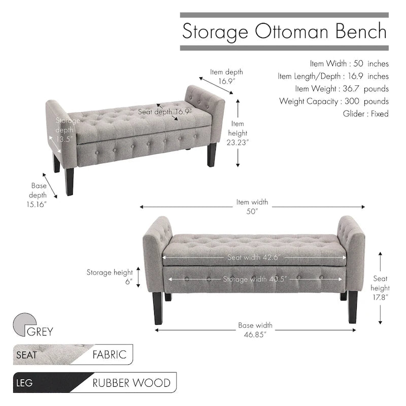 Panca pouf contenitore in tessuto trapuntato a bottoni, gambe in legno di gomma, coperchio ribaltabile, capacità 136 kg, 127 cm L x 59 cm H