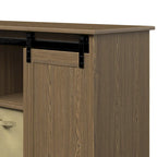 Mobile porta TV da 60" stile rustico per TV fino a 65", ante scorrevoli a fienile, ripiani aperti, contenitori in tessuto, gestione cavi
