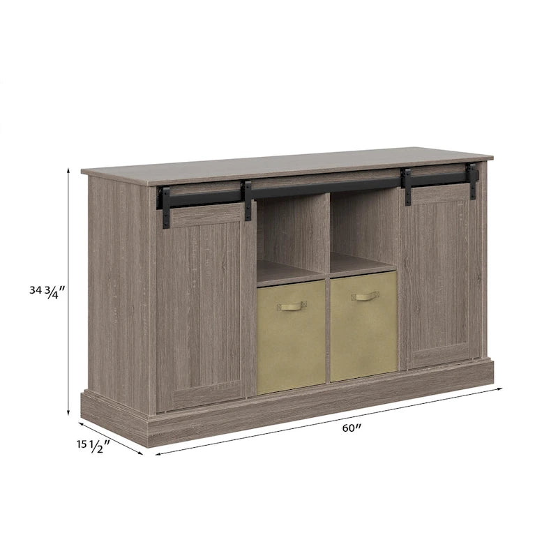 Mobile porta TV da 60" stile rustico per TV fino a 65", ante scorrevoli a fienile, ripiani aperti, contenitori in tessuto, gestione cavi