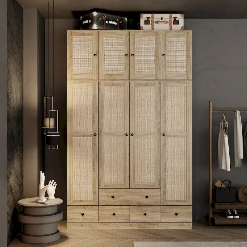 Armadio in Legno "Fascino Naturale" - Design Traspirante in Rattan, Ampio Spazio Contenitivo