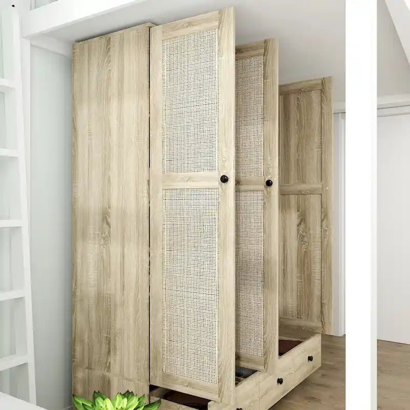 Armadio in Legno "Fascino Naturale" - Design Traspirante in Rattan, Ampio Spazio Contenitivo
