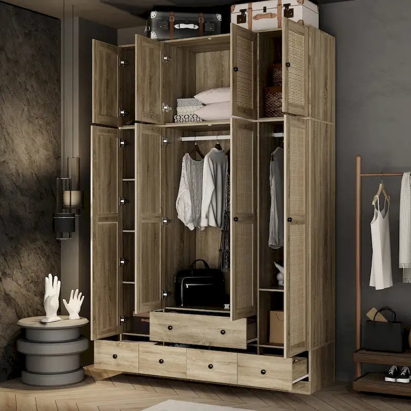 Armadio in Legno "Fascino Naturale" - Design Traspirante in Rattan, Ampio Spazio Contenitivo