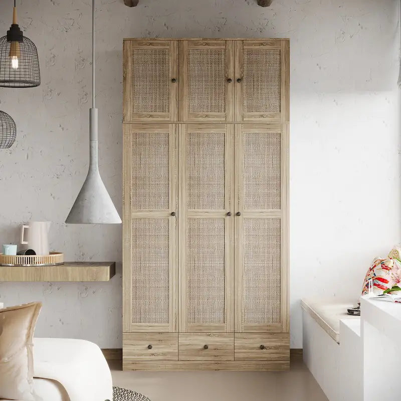 Armadio in Legno "Fascino Naturale" - Design Traspirante in Rattan, Ampio Spazio Contenitivo