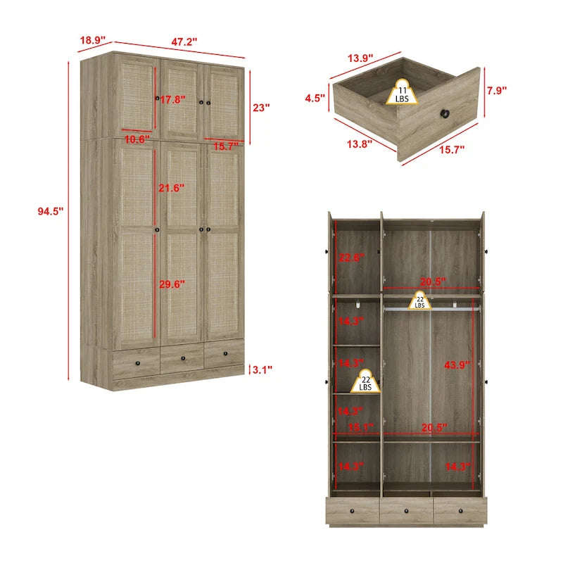 Armadio in Legno "Fascino Naturale" - Design Traspirante in Rattan, Ampio Spazio Contenitivo