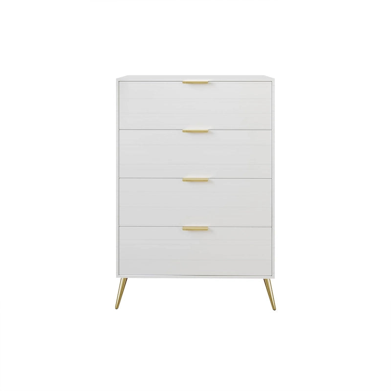 Cassettiera moderna a 4 cassetti in legno, gambe e maniglie in metallo dorato, legno massello + ingegnerizzato, 4 colori, 37,3 cm L x 107,3 cm H
