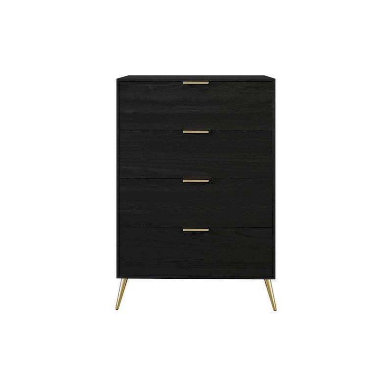 Cassettiera moderna a 4 cassetti in legno, gambe e maniglie in metallo dorato, legno massello + ingegnerizzato, 4 colori, 37,3 cm L x 107,3 cm H