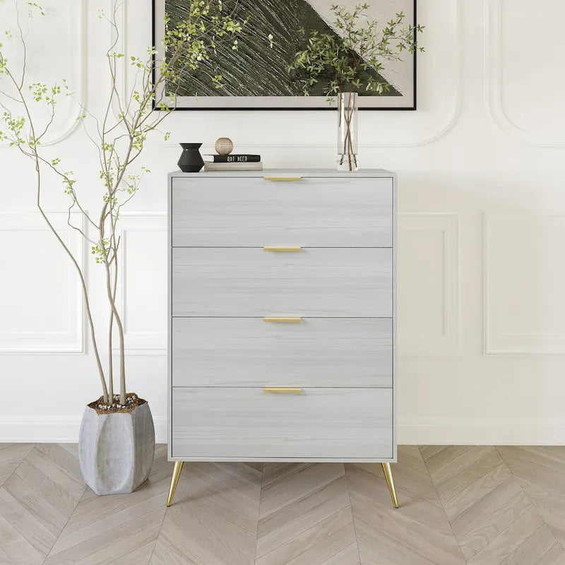 Cassettiera moderna a 4 cassetti in legno, gambe e maniglie in metallo dorato, legno massello + ingegnerizzato, 4 colori, 37,3 cm L x 107,3 cm H