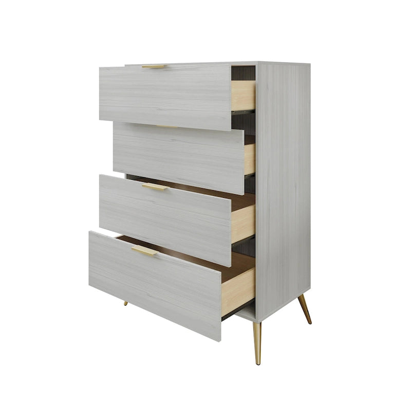 Cassettiera moderna a 4 cassetti in legno, gambe e maniglie in metallo dorato, legno massello + ingegnerizzato, 4 colori, 37,3 cm L x 107,3 cm H