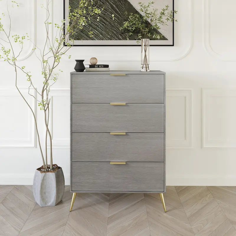 Cassettiera moderna a 4 cassetti in legno, gambe e maniglie in metallo dorato, legno massello + ingegnerizzato, 4 colori, 37,3 cm L x 107,3 cm H