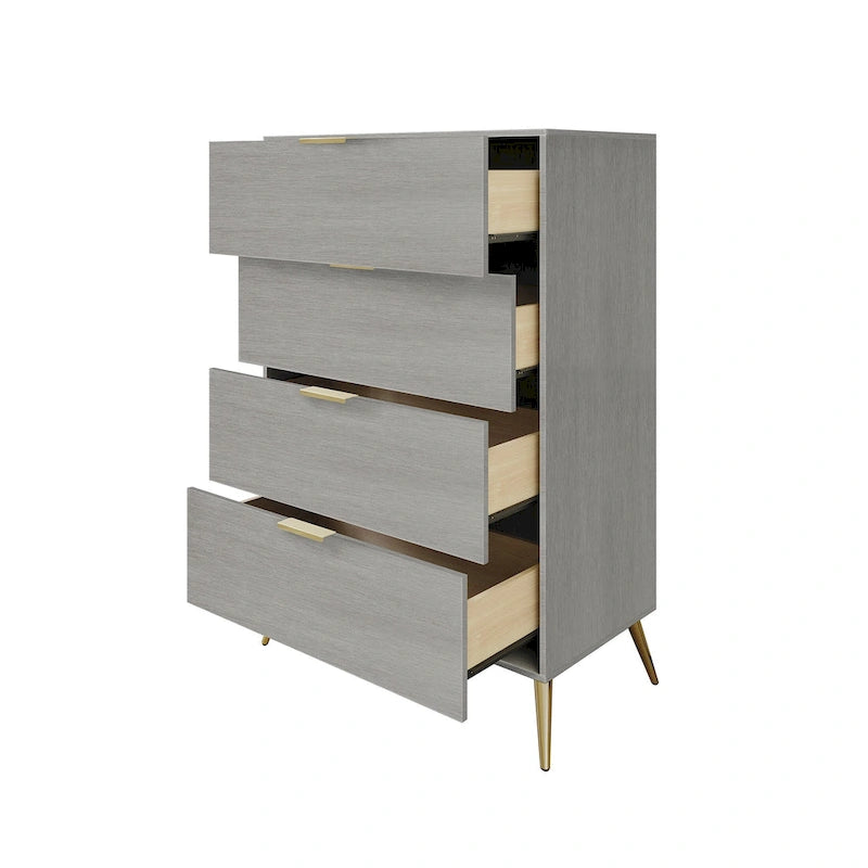 Cassettiera moderna a 4 cassetti in legno, gambe e maniglie in metallo dorato, legno massello + ingegnerizzato, 4 colori, 37,3 cm L x 107,3 cm H