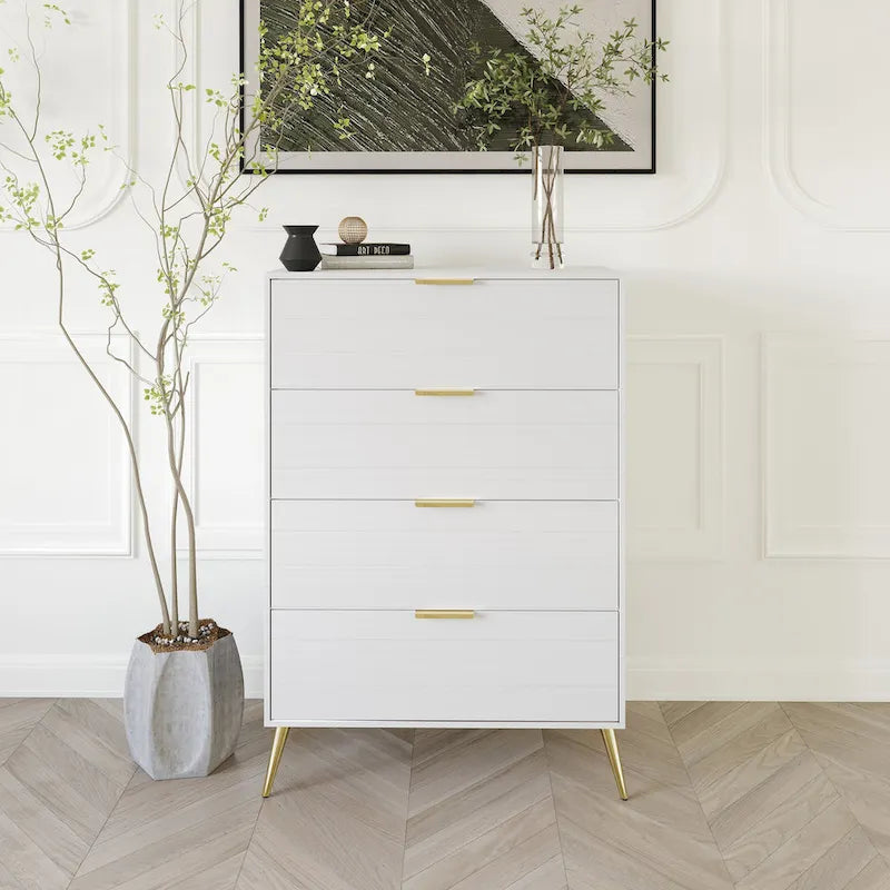 Cassettiera moderna a 4 cassetti in legno, gambe e maniglie in metallo dorato, legno massello + ingegnerizzato, 4 colori, 37,3 cm L x 107,3 cm H