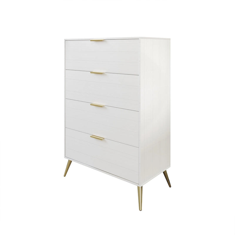 Cassettiera moderna a 4 cassetti in legno, gambe e maniglie in metallo dorato, legno massello + ingegnerizzato, 4 colori, 37,3 cm L x 107,3 cm H