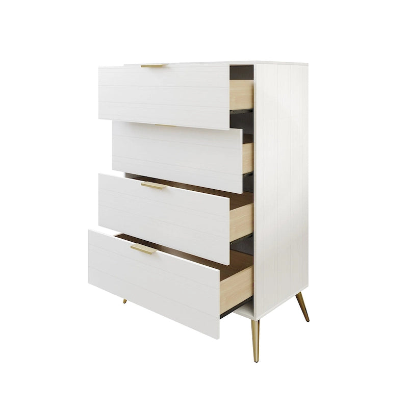 Cassettiera moderna a 4 cassetti in legno, gambe e maniglie in metallo dorato, legno massello + ingegnerizzato, 4 colori, 37,3 cm L x 107,3 cm H