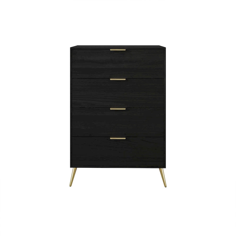 Cassettiera moderna a 4 cassetti in legno, gambe e maniglie in metallo dorato, legno massello + ingegnerizzato, 4 colori, 37,3 cm L x 107,3 cm H
