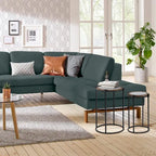 Set di 2 tavolini d'appoggio moderni rotondi, struttura in metallo nero, ripiano in vetro trasparente, cornice in legno di abete, salvaspazio