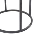 Set di 2 tavolini d'appoggio moderni rotondi, struttura in metallo nero, ripiano in vetro trasparente, cornice in legno di abete, salvaspazio