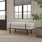 Panca Moderna Imbottita, Tessuto Bouclé Crema, Gambe in Metallo Nero Verniciato a Polvere, Cinturino in Ecopelle, 117 cm L x 46 cm A