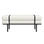 Panca Moderna Imbottita, Tessuto Bouclé Crema, Gambe in Metallo Nero Verniciato a Polvere, Cinturino in Ecopelle, 117 cm L x 46 cm A