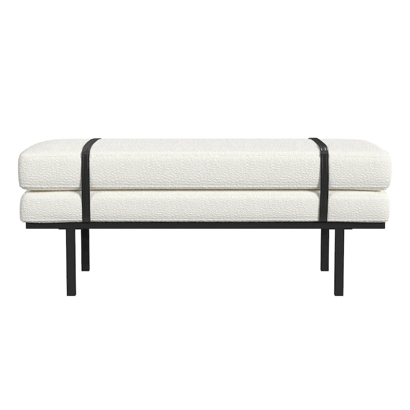 Panca Moderna Imbottita, Tessuto Bouclé Crema, Gambe in Metallo Nero Verniciato a Polvere, Cinturino in Ecopelle, 117 cm L x 46 cm A