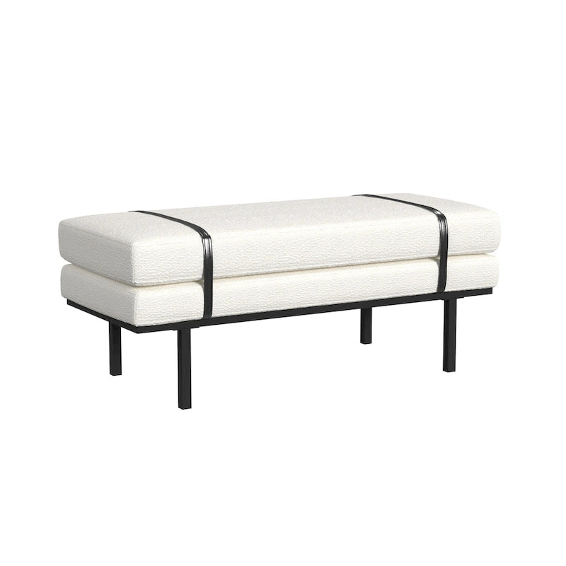 Panca Moderna Imbottita, Tessuto Bouclé Crema, Gambe in Metallo Nero Verniciato a Polvere, Cinturino in Ecopelle, 117 cm L x 46 cm A