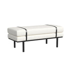 Panca Moderna Imbottita, Tessuto Bouclé Crema, Gambe in Metallo Nero Verniciato a Polvere, Cinturino in Ecopelle, 117 cm L x 46 cm A