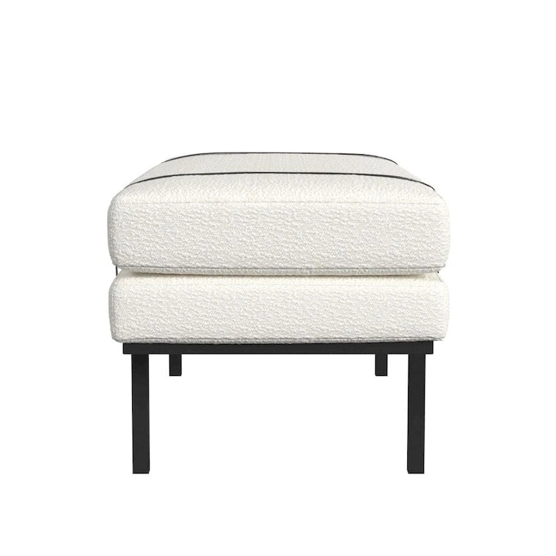 Panca Moderna Imbottita, Tessuto Bouclé Crema, Gambe in Metallo Nero Verniciato a Polvere, Cinturino in Ecopelle, 117 cm L x 46 cm A