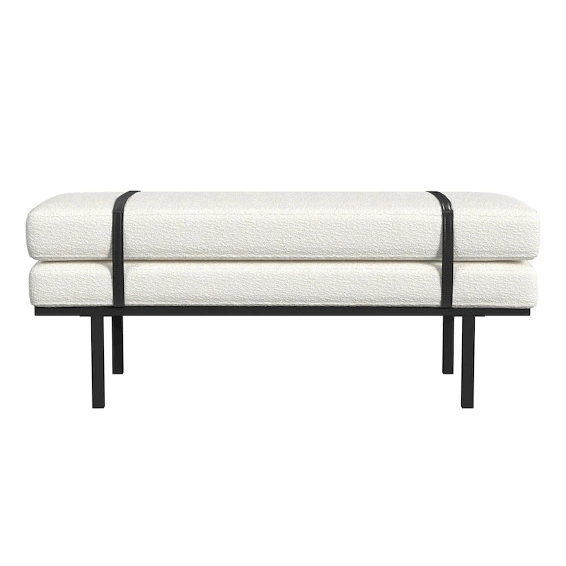 Panca Moderna Imbottita, Tessuto Bouclé Crema, Gambe in Metallo Nero Verniciato a Polvere, Cinturino in Ecopelle, 117 cm L x 46 cm A