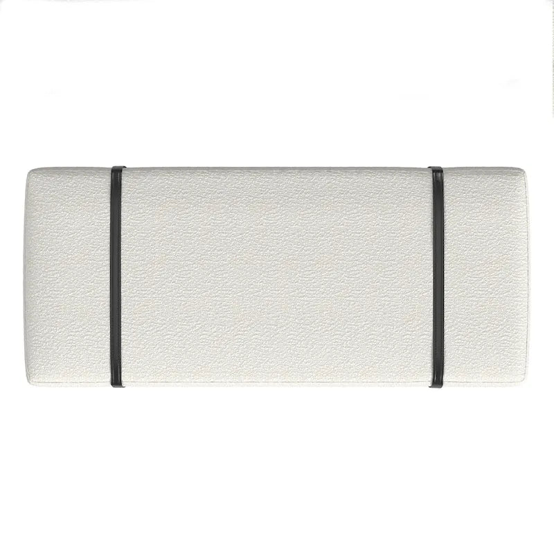 Panca Moderna Imbottita, Tessuto Bouclé Crema, Gambe in Metallo Nero Verniciato a Polvere, Cinturino in Ecopelle, 117 cm L x 46 cm A
