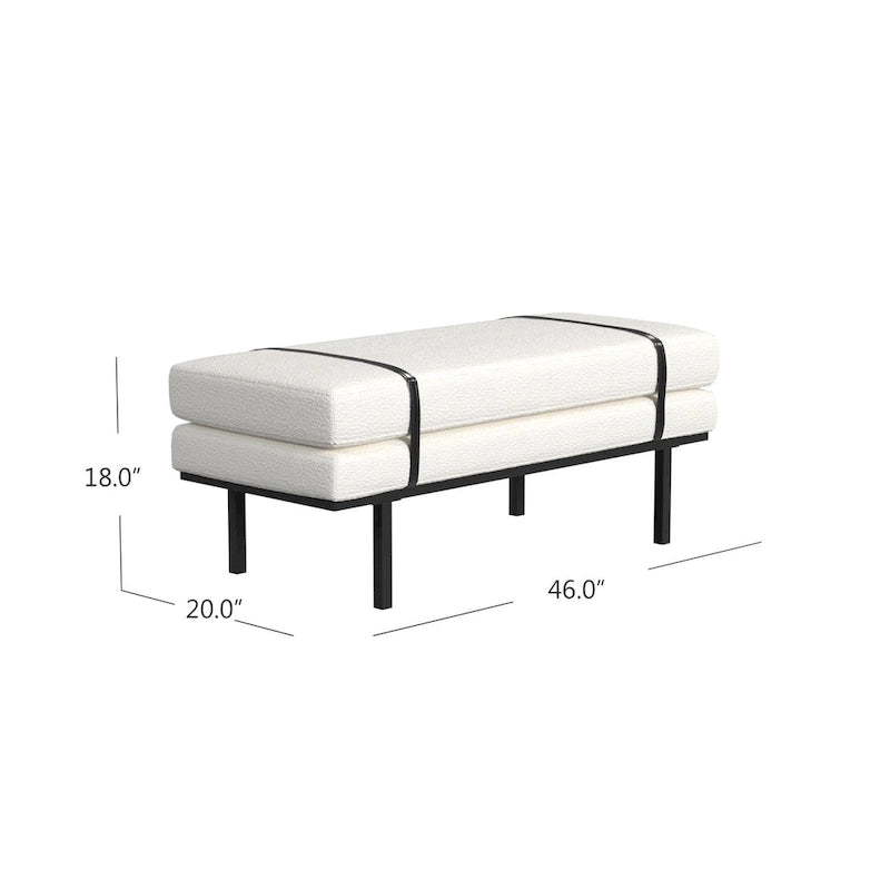 Panca Moderna Imbottita, Tessuto Bouclé Crema, Gambe in Metallo Nero Verniciato a Polvere, Cinturino in Ecopelle, 117 cm L x 46 cm A