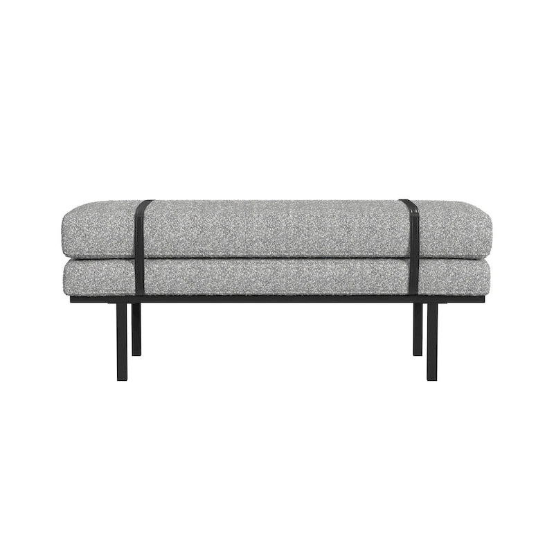 Panca Moderna Imbottita, Tessuto Bouclé Crema, Gambe in Metallo Nero Verniciato a Polvere, Cinturino in Ecopelle, 117 cm L x 46 cm A