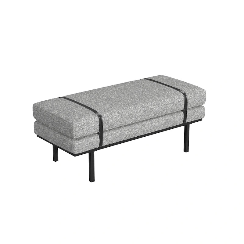 Panca Moderna Imbottita, Tessuto Bouclé Crema, Gambe in Metallo Nero Verniciato a Polvere, Cinturino in Ecopelle, 117 cm L x 46 cm A