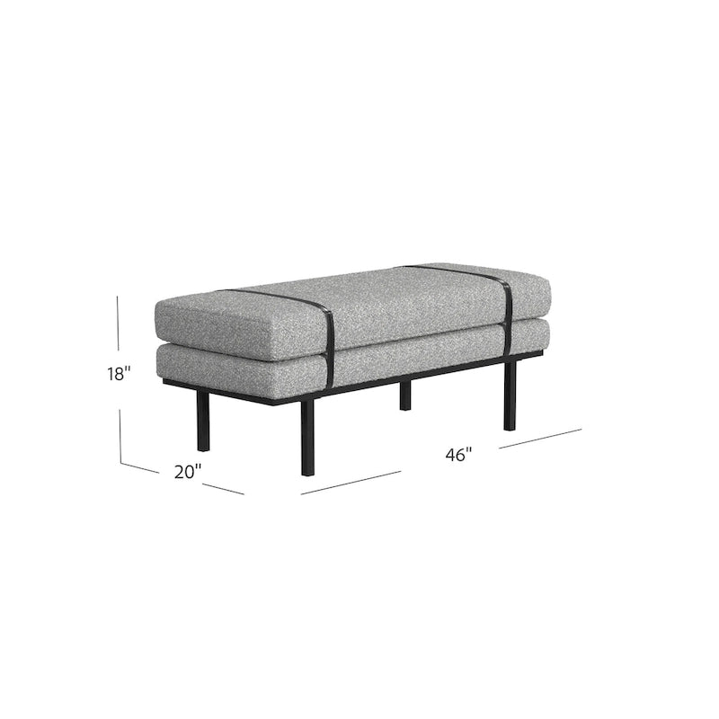 Panca Moderna Imbottita, Tessuto Bouclé Crema, Gambe in Metallo Nero Verniciato a Polvere, Cinturino in Ecopelle, 117 cm L x 46 cm A