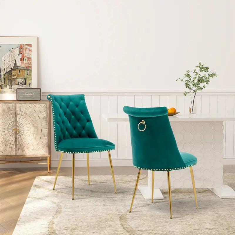 Set di 2 sedie da pranzo moderne in velluto, gambe in metallo dorato, cuscino in schiuma, piedini antiscivolo, capacità 113 kg