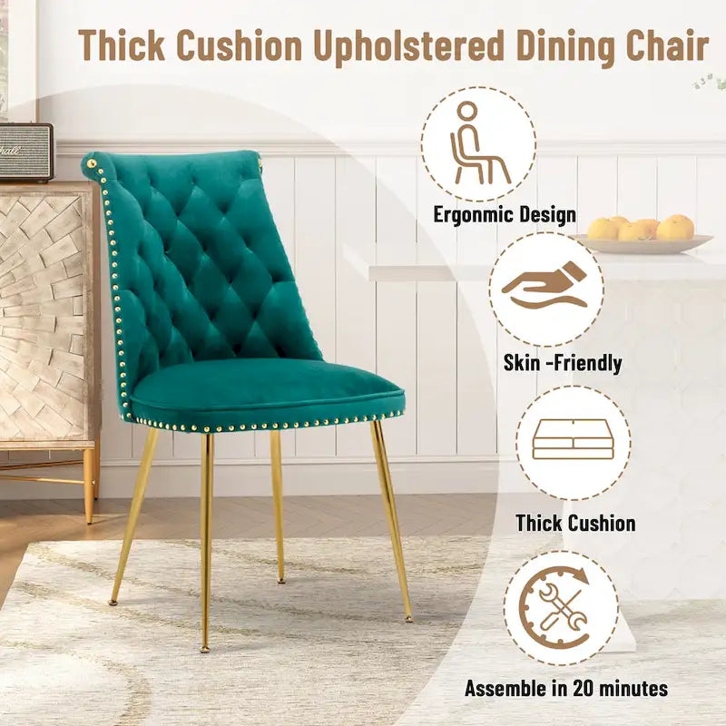 Set di 2 sedie da pranzo moderne in velluto, gambe in metallo dorato, cuscino in schiuma, piedini antiscivolo, capacità 113 kg