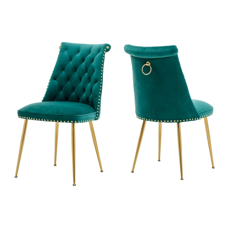 Set di 2 sedie da pranzo moderne in velluto, gambe in metallo dorato, cuscino in schiuma, piedini antiscivolo, capacità 113 kg