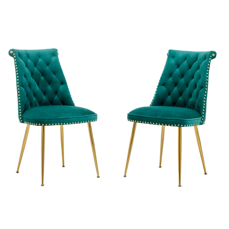 Set di 2 sedie da pranzo moderne in velluto, gambe in metallo dorato, cuscino in schiuma, piedini antiscivolo, capacità 113 kg