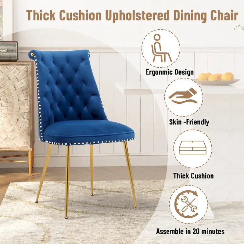 Set di 2 sedie da pranzo moderne in velluto, gambe in metallo dorato, cuscino in schiuma, piedini antiscivolo, capacità 113 kg