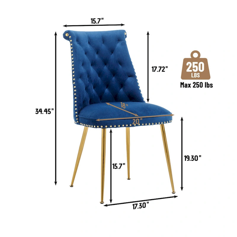 Set di 2 sedie da pranzo moderne in velluto, gambe in metallo dorato, cuscino in schiuma, piedini antiscivolo, capacità 113 kg