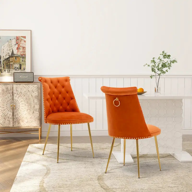Set di 2 sedie da pranzo moderne in velluto, gambe in metallo dorato, cuscino in schiuma, piedini antiscivolo, capacità 113 kg