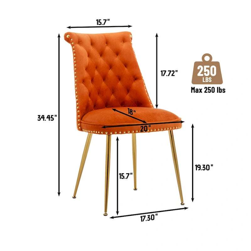 Set di 2 sedie da pranzo moderne in velluto, gambe in metallo dorato, cuscino in schiuma, piedini antiscivolo, capacità 113 kg