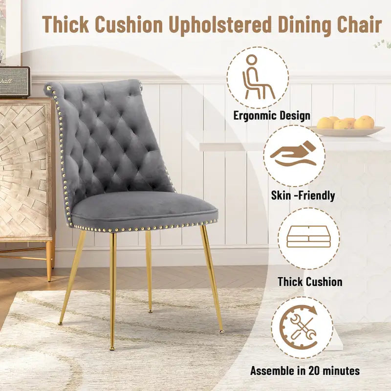 Set di 2 sedie da pranzo moderne in velluto, gambe in metallo dorato, cuscino in schiuma, piedini antiscivolo, capacità 113 kg