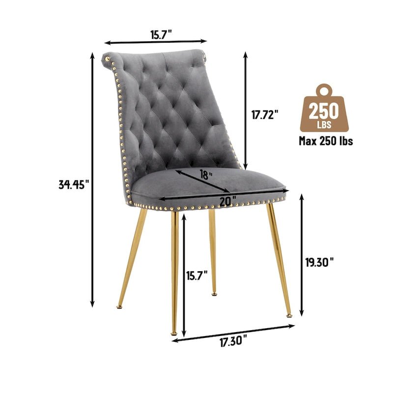 Set di 2 sedie da pranzo moderne in velluto, gambe in metallo dorato, cuscino in schiuma, piedini antiscivolo, capacità 113 kg