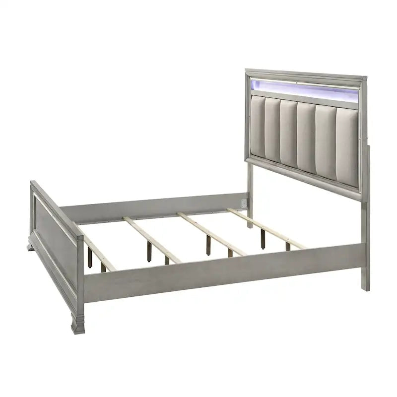 Camera da letto con pannelli imbottiti Evonne 6 pezzi, colore grigio, con luci a LED