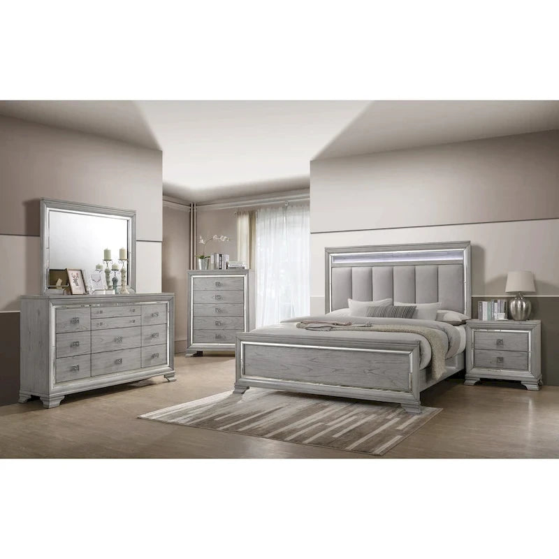 Camera da letto con pannelli imbottiti Evonne 6 pezzi, colore grigio, con luci a LED