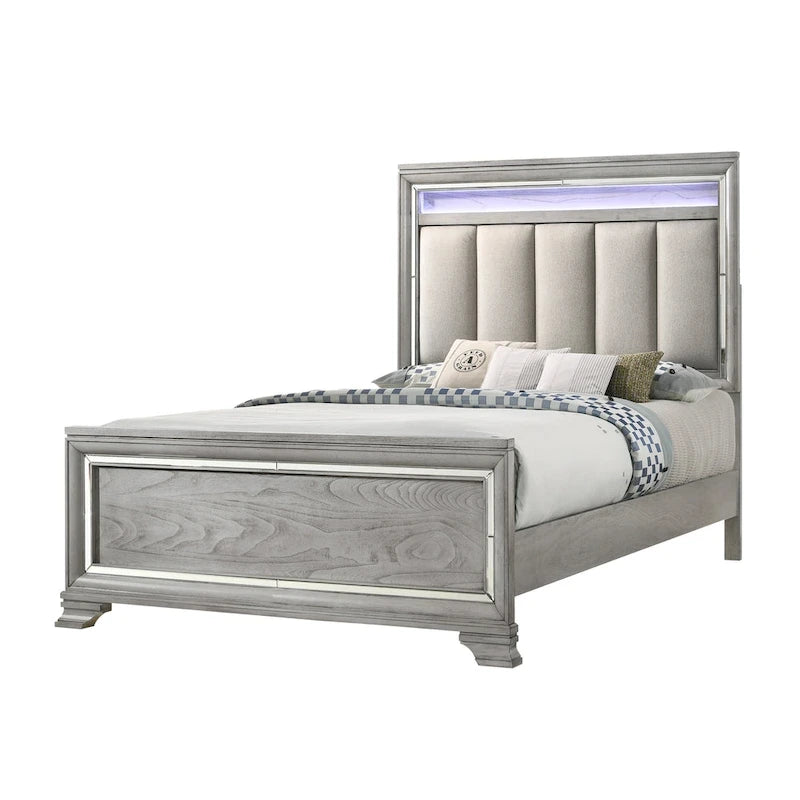 Camera da letto con pannelli imbottiti Evonne 6 pezzi, colore grigio, con luci a LED