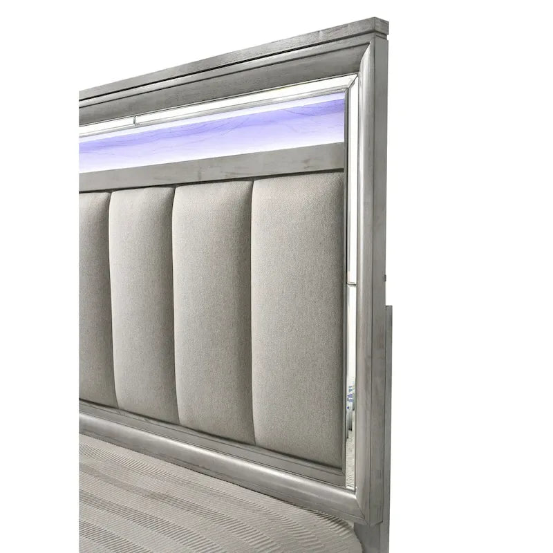 Camera da letto con pannelli imbottiti Evonne 6 pezzi, colore grigio, con luci a LED