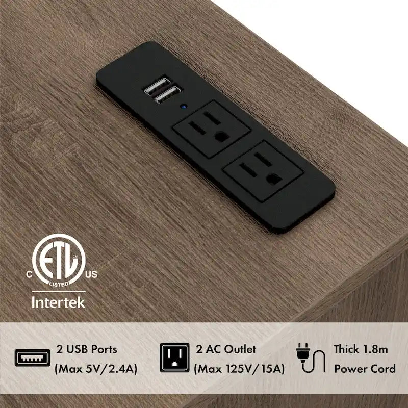 Comodino Moderno con 1 Cassetto, Stazione di Ricarica USB e Vano Nascosto, Marrone Castagno