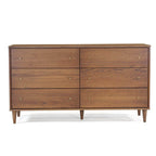 Cassettiera Mid-Century Modern a 6 cassetti, impiallacciatura in legno massello, gambe in eucalipto, maniglie in ottone anticato, finitura atossica