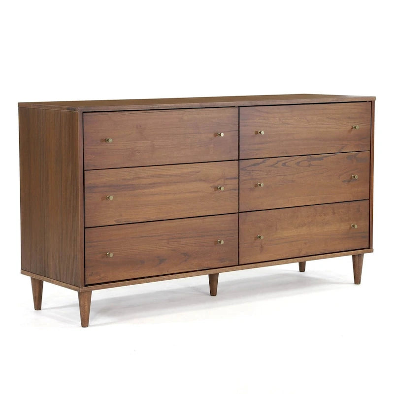 Cassettiera Mid-Century Modern a 6 cassetti, impiallacciatura in legno massello, gambe in eucalipto, maniglie in ottone anticato, finitura atossica
