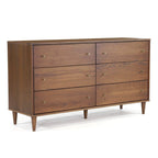 Cassettiera Mid-Century Modern a 6 cassetti, impiallacciatura in legno massello, gambe in eucalipto, maniglie in ottone anticato, finitura atossica